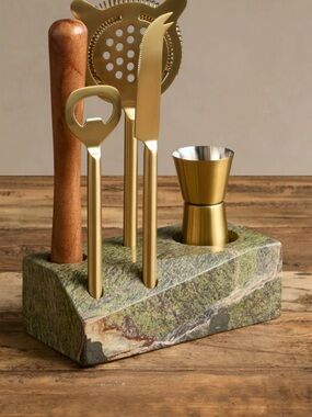 Arhaus- Brass Bar Tool Set with Marble Stand and Cocktail Shaker - Gold